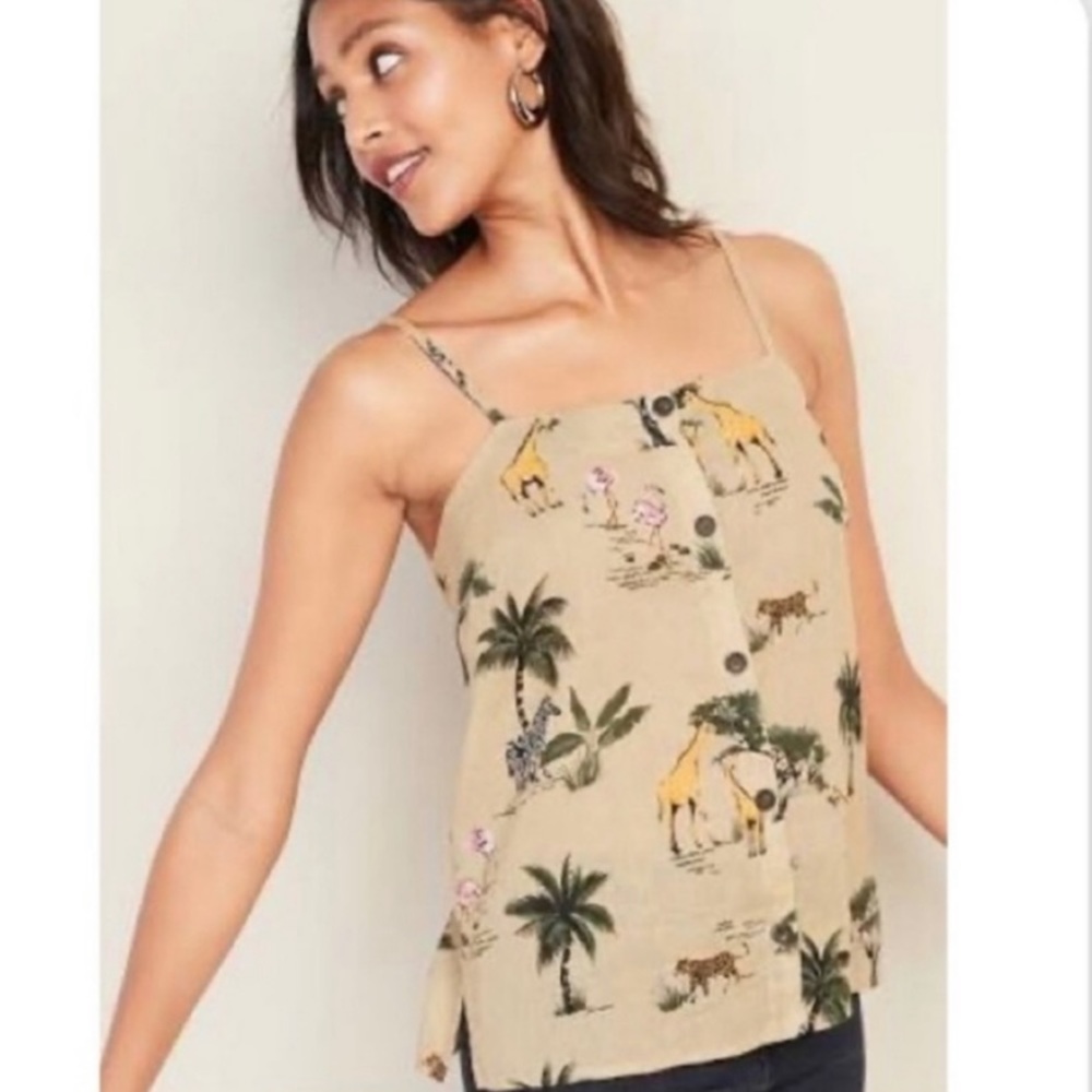 Safari Print Style Top with Adjustable Straps Linen/Cotton Mix EUC